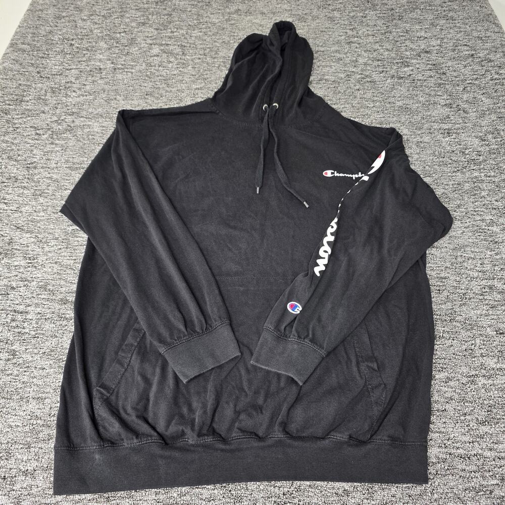 Champion Pullover Jersey Cotton Hoodie Men's 2XL Black Double Logo Script Arm